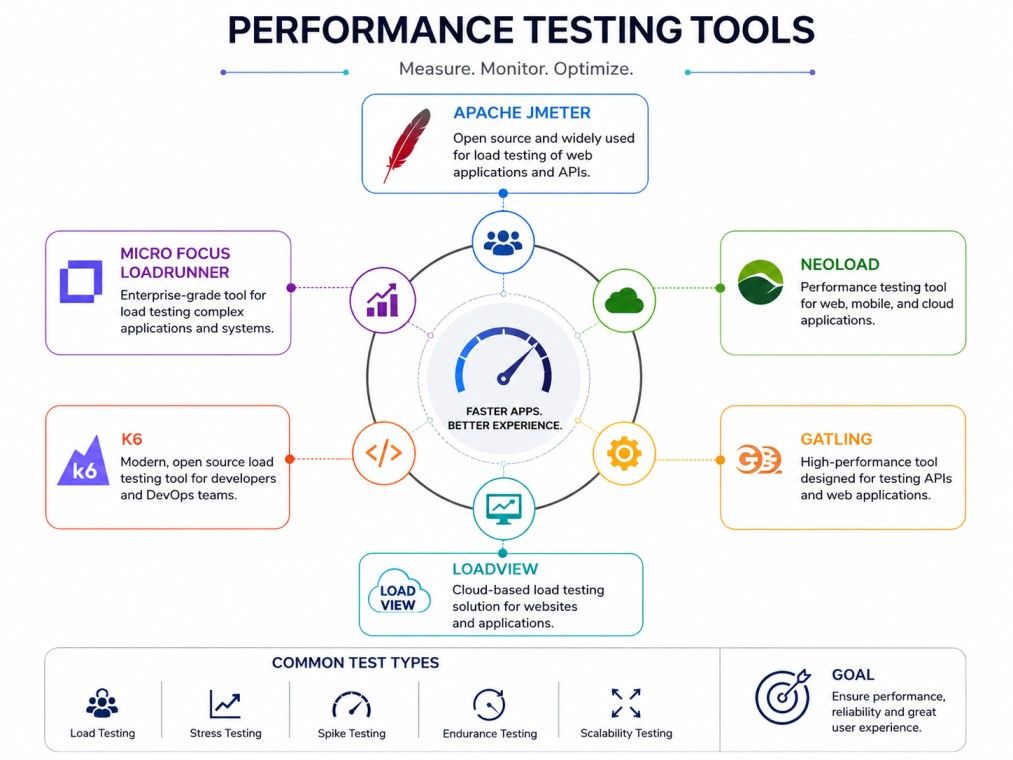 A clean, tech-style infographic showcasing popular performance testing tools, their primary use cases, common performance test types, and the goal of optimizing application speed, reliability, and user experience. A clean, tech-style infographic showcasing popular performance testing tools, their primary use cases, common performance test types, and the goal of optimizing application speed, reliability, and user experience.