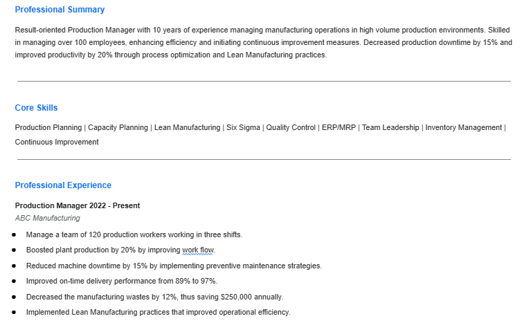 Production Manager Resume Sample