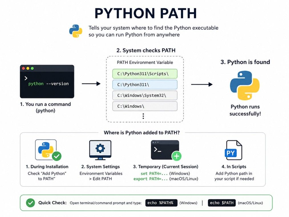 Infographic explaining the Python PATH environment variable, showing how the system locates the Python executable and common ways to add Python to the PATH on Windows, macOS, and Linux. Infographic explaining the Python PATH environment variable, showing how the system locates the Python executable and common ways to add Python to the PATH on Windows, macOS, and Linux.