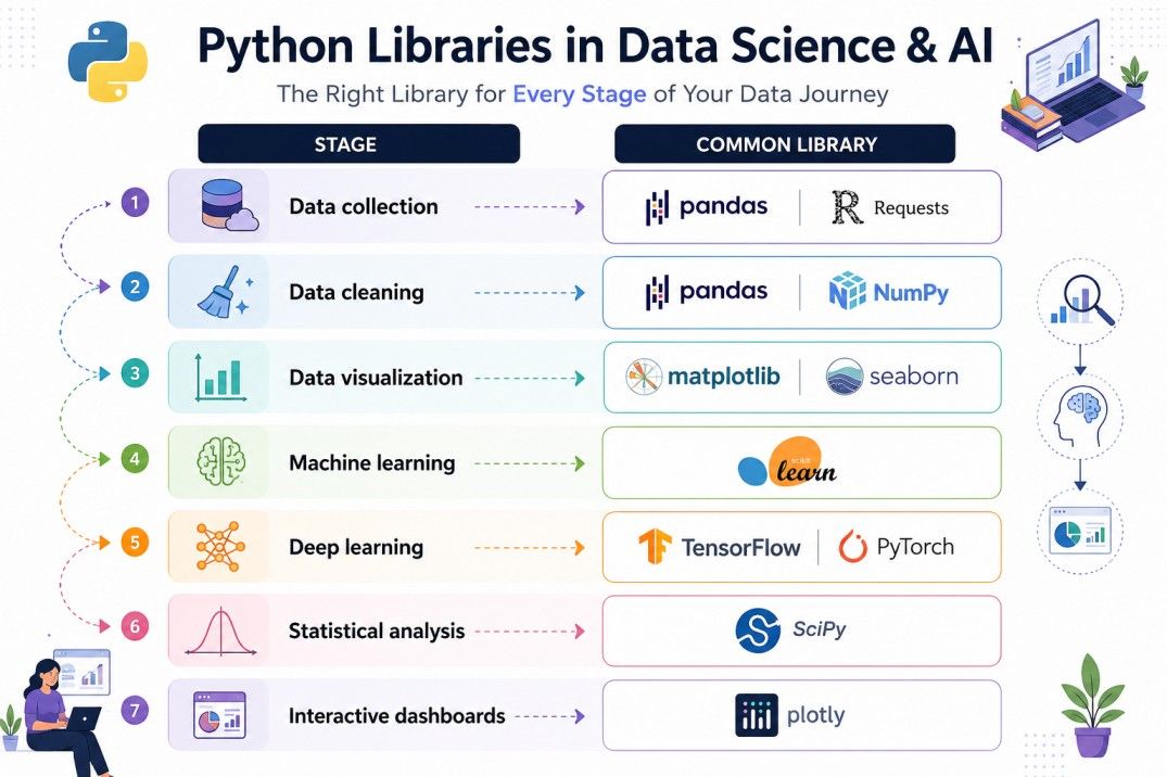 Infographic showing common Python libraries used at each stage of a data science workflow, from data collection and cleaning to visualization, machine learning, deep learning, statistical analysis, and interactive dashboards. Infographic showing common Python libraries used at each stage of a data science workflow, from data collection and cleaning to visualization, machine learning, deep learning, statistical analysis, and interactive dashboards.