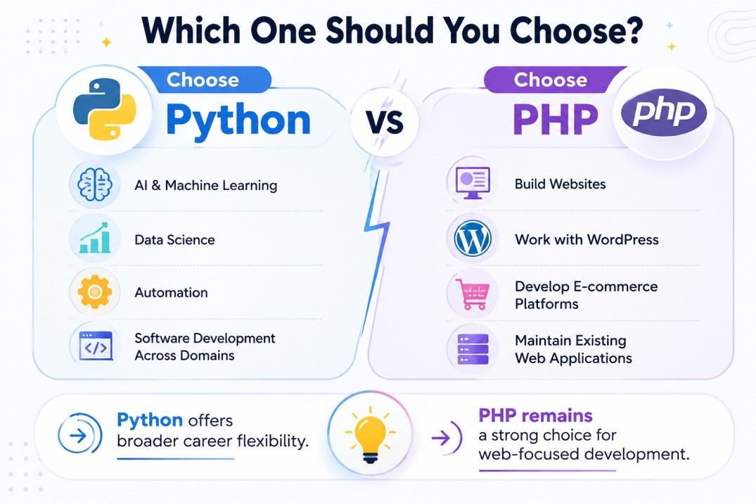 Python vs PHP infographic comparing key use cases, career paths, and development focus areas for choosing the right programming language.