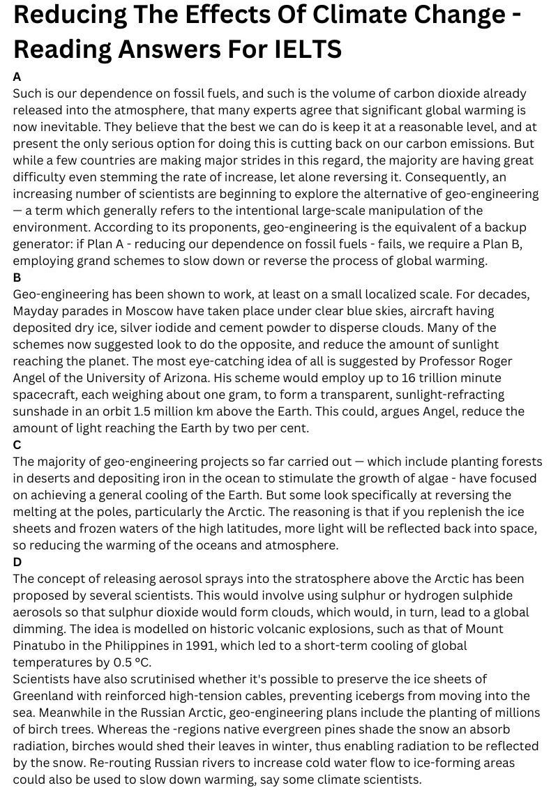 Reducing the effects of climate change - Reading answers for IELTS