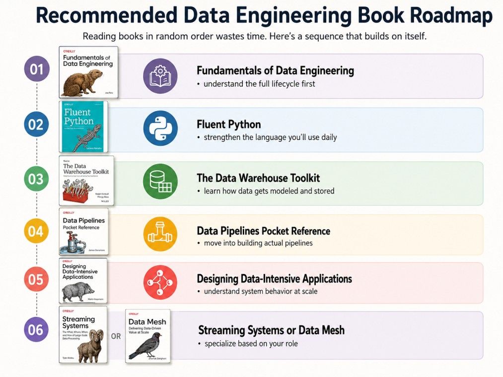 Recommended Data Engineering Book Roadmap showing the ideal reading order of six essential books, from fundamentals and Python to data modeling, pipelines, distributed systems, and specialization.
