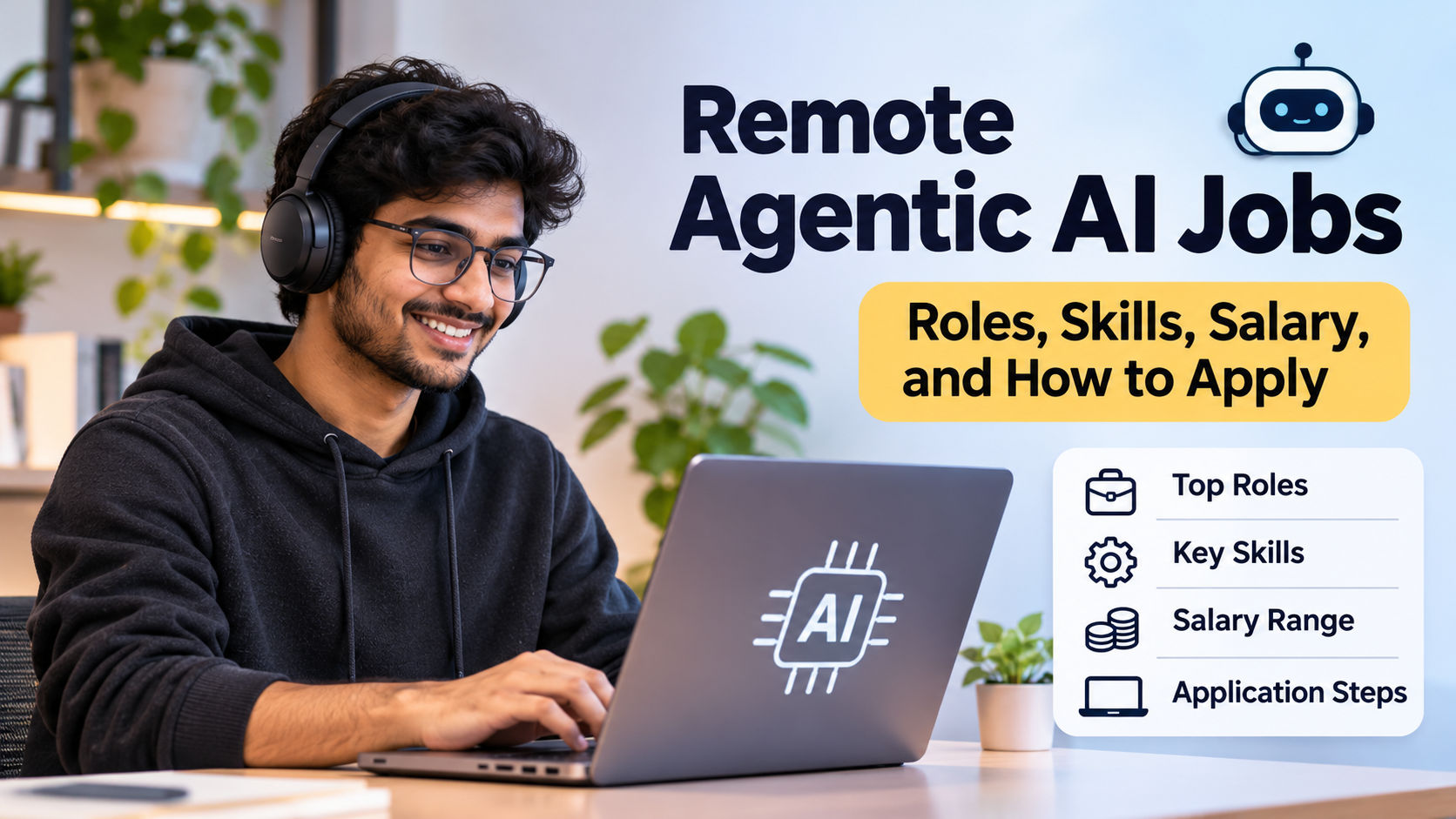Remote agentic AI jobs featuring a professional working on a laptop, with key information on job roles, required skills, salaries, and application steps. Remote agentic AI jobs featuring a professional working on a laptop, with key information on job roles, required skills, salaries, and application steps.