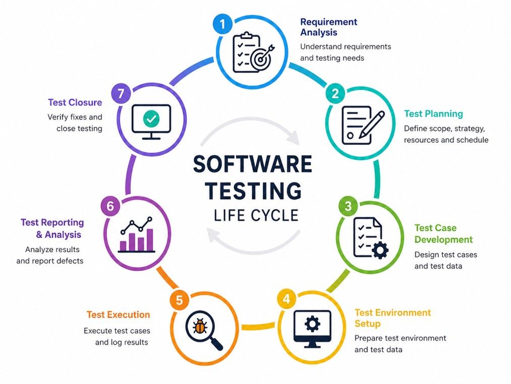 A clean infographic illustrating the Software Testing Life Cycle (STLC) as a circular flow with seven stages: Requirement Analysis, Test Planning, Test Case Development, Test Environment Setup, Test Execution, Test Reporting & Analysis, and Test Closure. A clean infographic illustrating the Software Testing Life Cycle (STLC) as a circular flow with seven stages: Requirement Analysis, Test Planning, Test Case Development, Test Environment Setup, Test Execution, Test Reporting & Analysis, and Test Closure.
