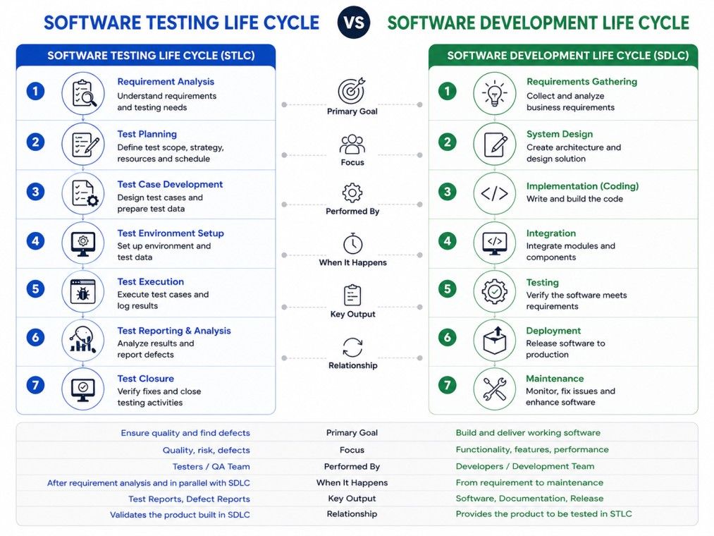 Comparison infographic of the Software Testing Life Cycle (STLC) and Software Development Life Cycle (SDLC), showing their stages, goals, focus, roles, outputs, and relationship Comparison infographic of the Software Testing Life Cycle (STLC) and Software Development Life Cycle (SDLC), showing their stages, goals, focus, roles, outputs, and relationship