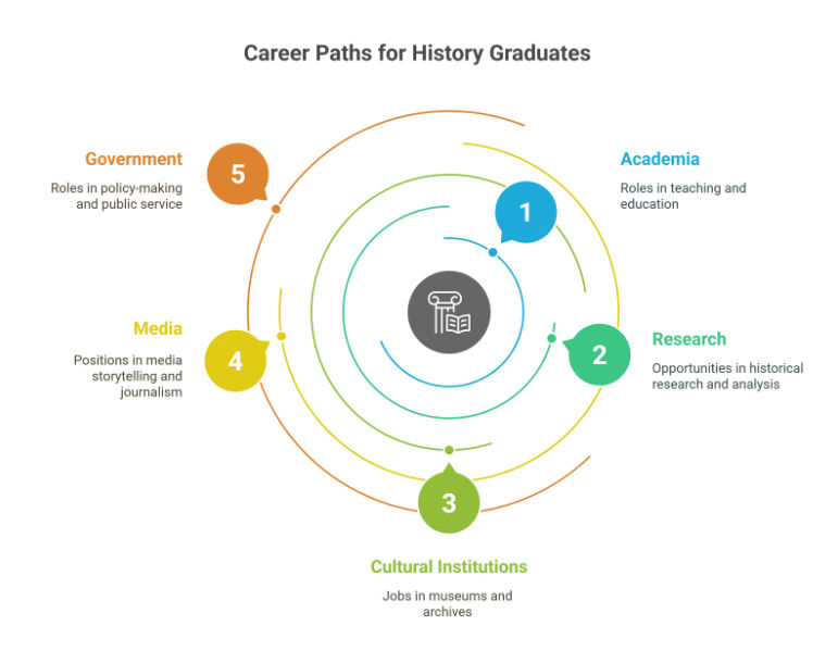 Career paths for history graduates infographic showing options in academia, research, cultural institutions, media, and government. Career paths for history graduates infographic showing options in academia, research, cultural institutions, media, and government.