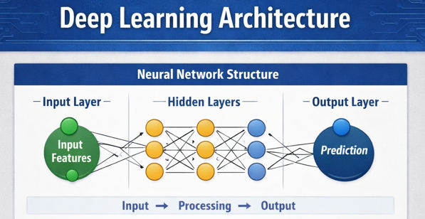 Deep learning architecture diagram showing input, hidden layers, and output prediction. Deep learning architecture diagram showing input, hidden layers, and output prediction.