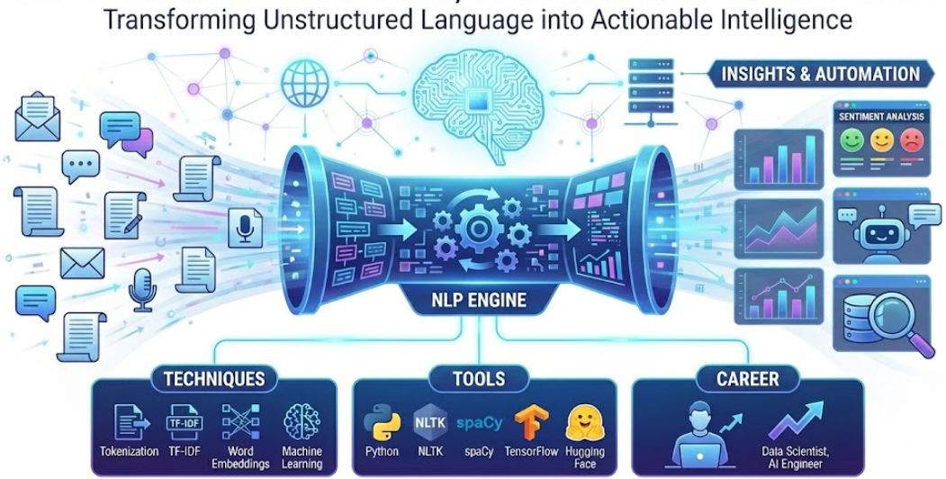 Illustration showing the role of NLP in data science, transforming unstructured text into actionable insights. The image depicts an NLP engine processing emails, documents, and speech into structured outputs, with sections highlighting techniques, tools ( Illustration showing the role of NLP in data science, transforming unstructured text into actionable insights. The image depicts an NLP engine processing emails, documents, and speech into structured outputs, with sections highlighting techniques, tools (