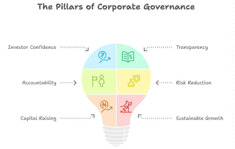 An infographic titled "The Pillars of Corporate Governance" featuring a lightbulb-shaped diagram divided into six colorful sections, each with a corresponding icon and label: An infographic titled "The Pillars of Corporate Governance" featuring a lightbulb-shaped diagram divided into six colorful sections, each with a corresponding icon and label: