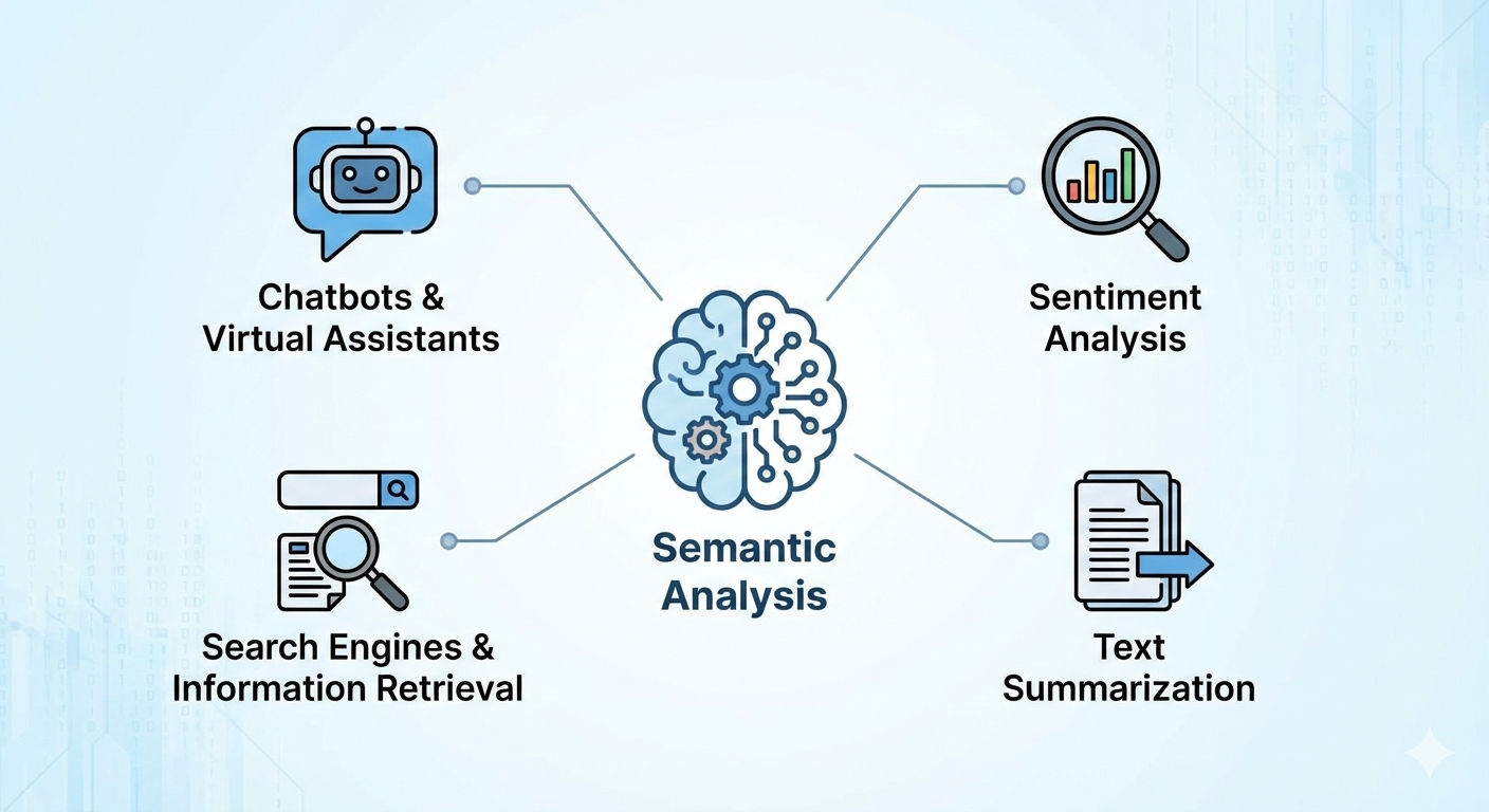 "Infographic illustrating key applications of Semantic Analysis in NLP. A central brain icon with gears connects to four distinct use cases represented by icons: Chatbots & Virtual Assistants, Sentiment Analysis (magnifying glass over chart), Search Engin