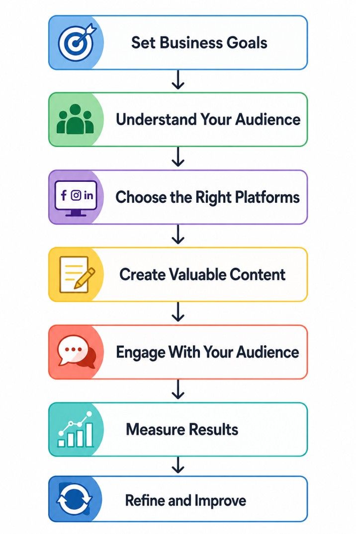 Social media marketing workflow showing seven steps from setting business goals to measuring results and refining the strategy.