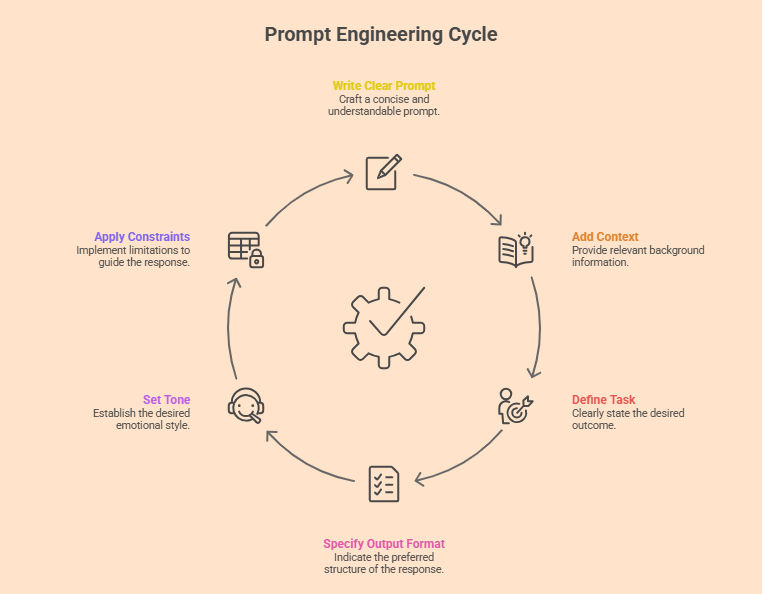 Circular diagram showing the Prompt Engineering Cycle with six steps: write prompt, add context, define task, specify output format, set tone, and apply constraints. Circular diagram showing the Prompt Engineering Cycle with six steps: write prompt, add context, define task, specify output format, set tone, and apply constraints.