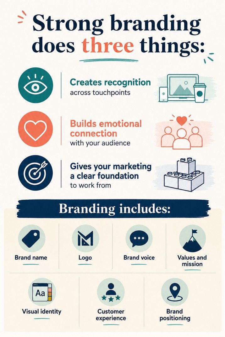 Infographic showing how strong branding creates recognition, builds emotional connection, and supports marketing, along with key branding elements such as brand name, logo, voice, values, visual identity, customer experience, and positioning. Infographic showing how strong branding creates recognition, builds emotional connection, and supports marketing, along with key branding elements such as brand name, logo, voice, values, visual identity, customer experience, and positioning.