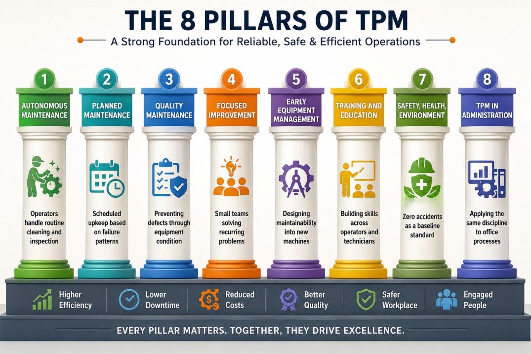 Eight pillars of Total Productive Maintenance (TPM) infographic showing the core focus of each pillar, from autonomous maintenance to TPM in administration.