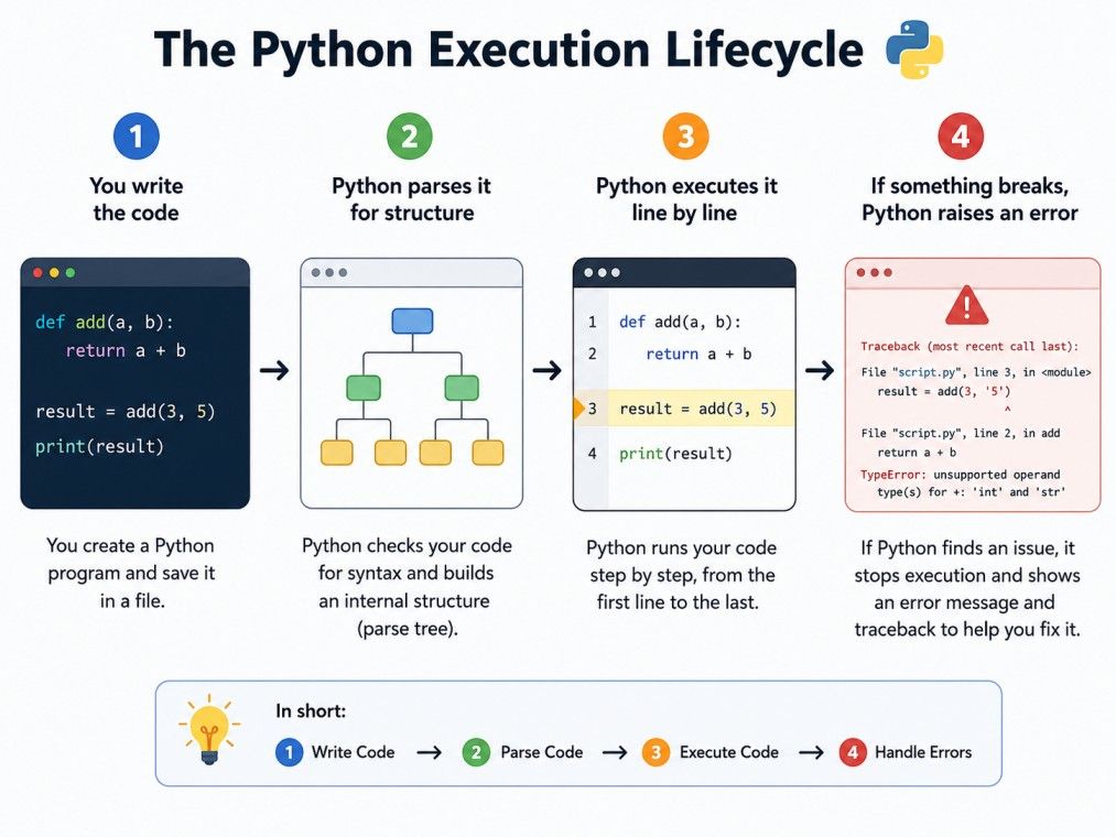 Infographic showing the Python execution lifecycle, from writing and parsing code to line-by-line execution and error handling with a traceback. Infographic showing the Python execution lifecycle, from writing and parsing code to line-by-line execution and error handling with a traceback.