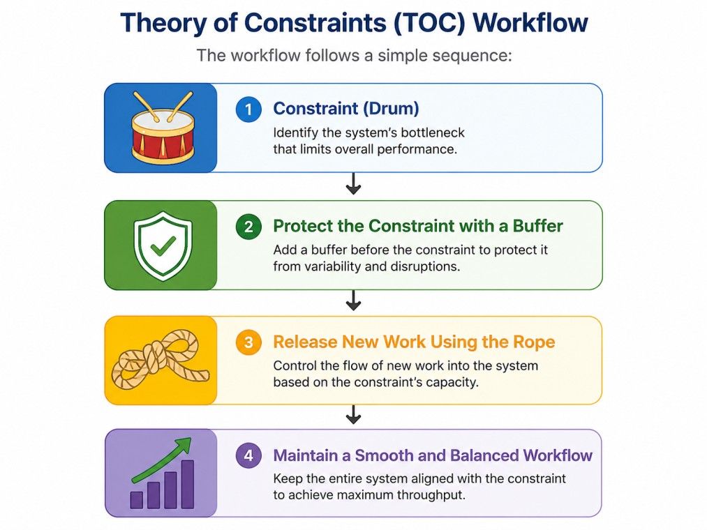 Theory of Constraints Drum-Buffer-Rope workflow showing constraint, buffer, rope, and balanced workflow sequence. Theory of Constraints Drum-Buffer-Rope workflow showing constraint, buffer, rope, and balanced workflow sequence.