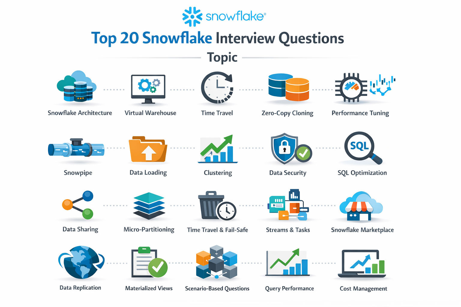 Top 20 Snowflake interview questions infographic with topic header, showing key concepts like architecture, Snowpipe, data sharing, performance tuning, and SQL optimization in a clean grid layout on a white background.
