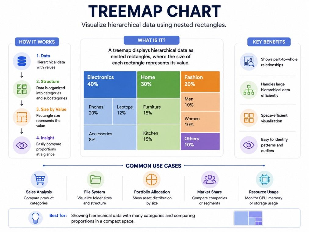 A clean, tech-style 4:3 infographic with a white background that explains what a treemap chart is, how it works, its benefits, and common use cases using a simple visual hierarchy.