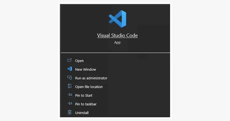 Visual Studio Code app featuring options like Open, New Window, and Uninstall. Visual Studio Code app featuring options like Open, New Window, and Uninstall.