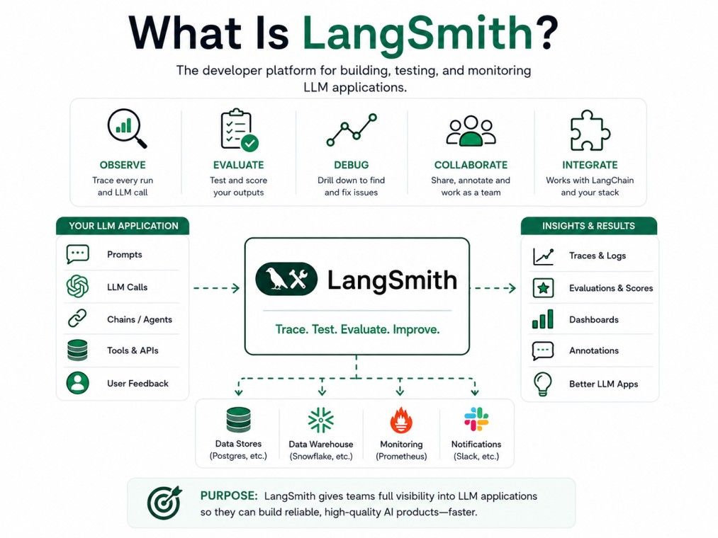 Infographic explaining what LangSmith is, illustrating its LLM development workflow, observability, evaluation, debugging, collaboration, and monitoring features on a clean white background. Infographic explaining what LangSmith is, illustrating its LLM development workflow, observability, evaluation, debugging, collaboration, and monitoring features on a clean white background.