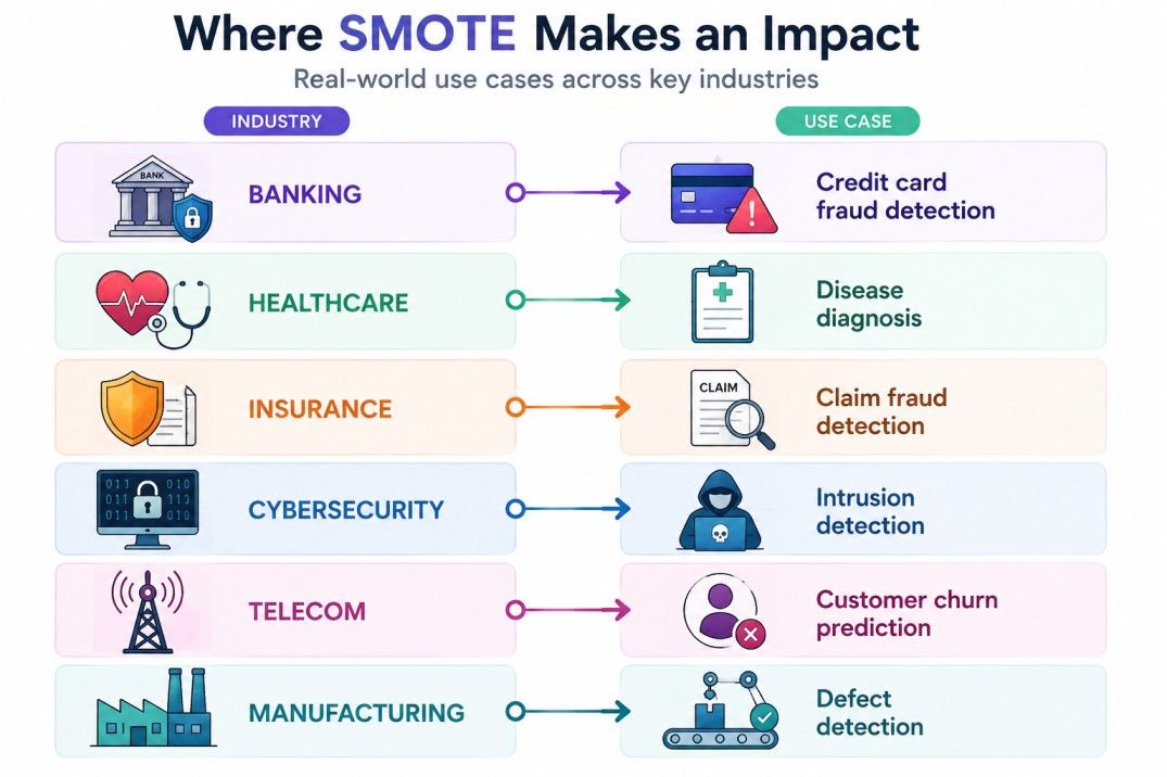 Infographic showing SMOTE applications across industries, including banking, healthcare, insurance, cybersecurity, telecom, and manufacturing for fraud, diagnosis, churn, and defect detection.