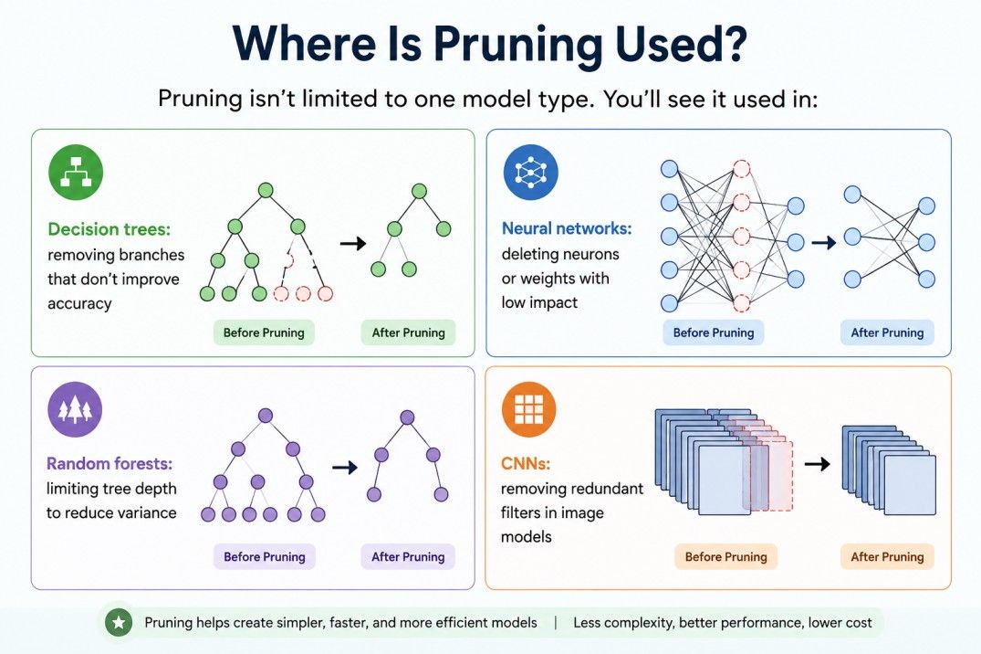 Infographic showing where pruning is used in machine learning, including decision trees, neural networks, random forests, and CNNs, with before-and-after examples of model simplification. Infographic showing where pruning is used in machine learning, including decision trees, neural networks, random forests, and CNNs, with before-and-after examples of model simplification.