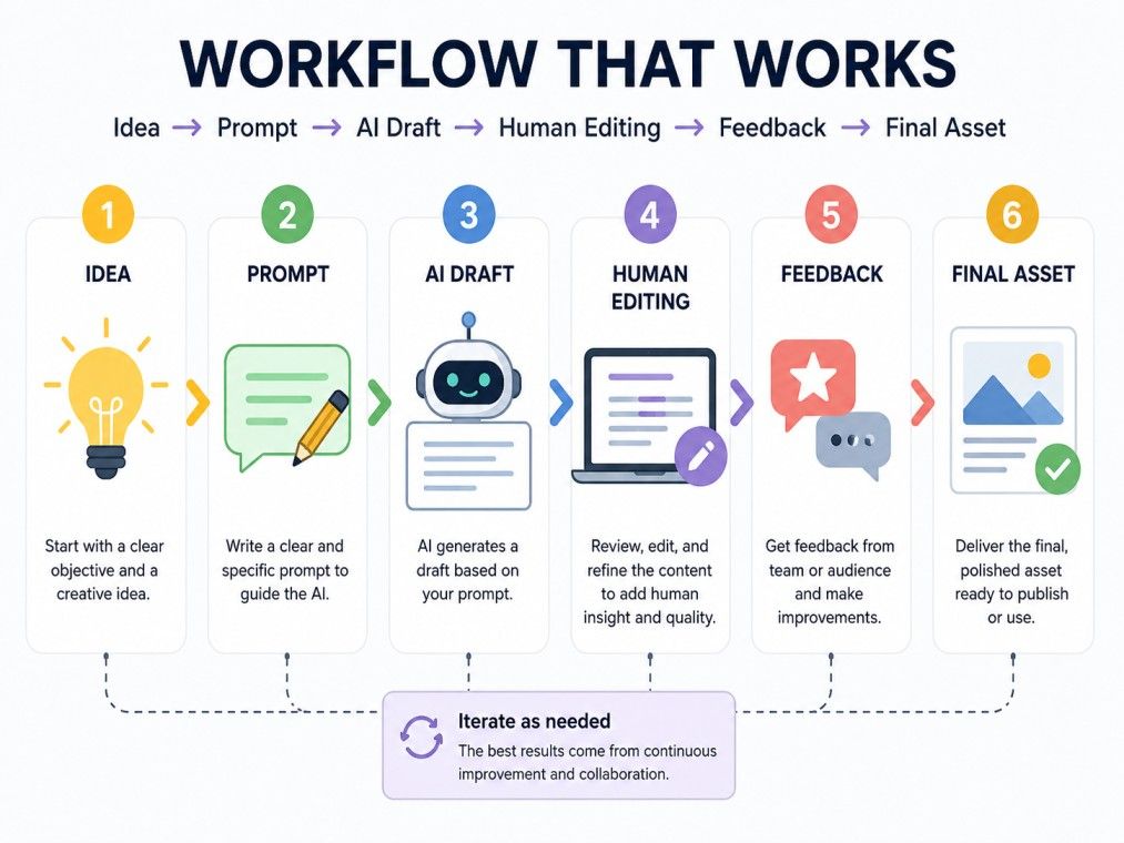 Workflow infographic showing the AI-assisted creative process from idea generation to final asset through prompting, AI drafting, human editing, and feedback.