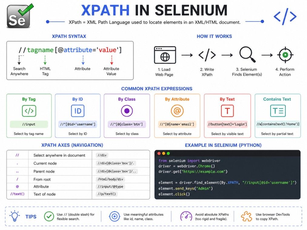 A clean, tech-style infographic explaining XPath in Selenium, covering XPath syntax, common expressions, navigation axes, Python examples, and best practices on a white 4:3 layout. A clean, tech-style infographic explaining XPath in Selenium, covering XPath syntax, common expressions, navigation axes, Python examples, and best practices on a white 4:3 layout.