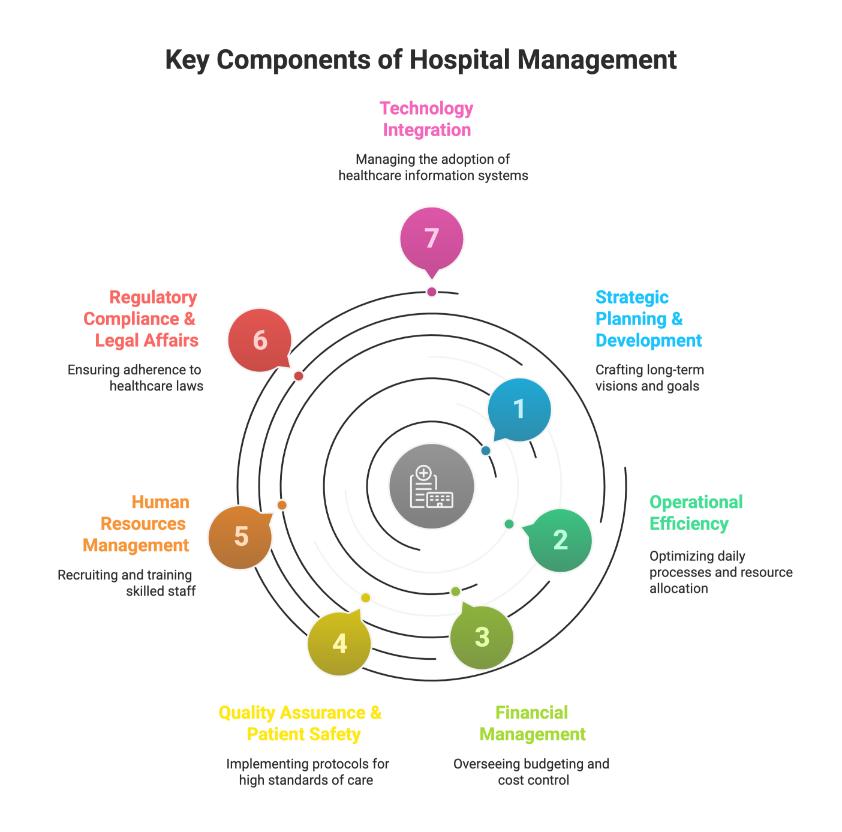 Circular infographic of key components of hospital management with seven areas: Strategic Planning & Development, Operational Efficiency, Financial Management, Quality Assurance & Patient Safety, Human Resources Management, Regulatory Compliance & Legal A