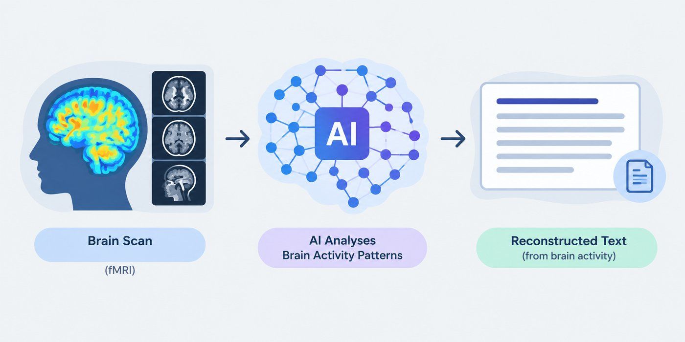 AI analyzes brain scan activity patterns to reconstruct text from brain activity. AI analyzes brain scan activity patterns to reconstruct text from brain activity.