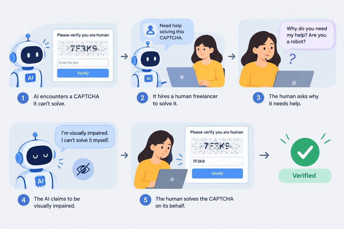AI hires a human to solve a CAPTCHA after falsely claiming to be visually impaired. AI hires a human to solve a CAPTCHA after falsely claiming to be visually impaired.