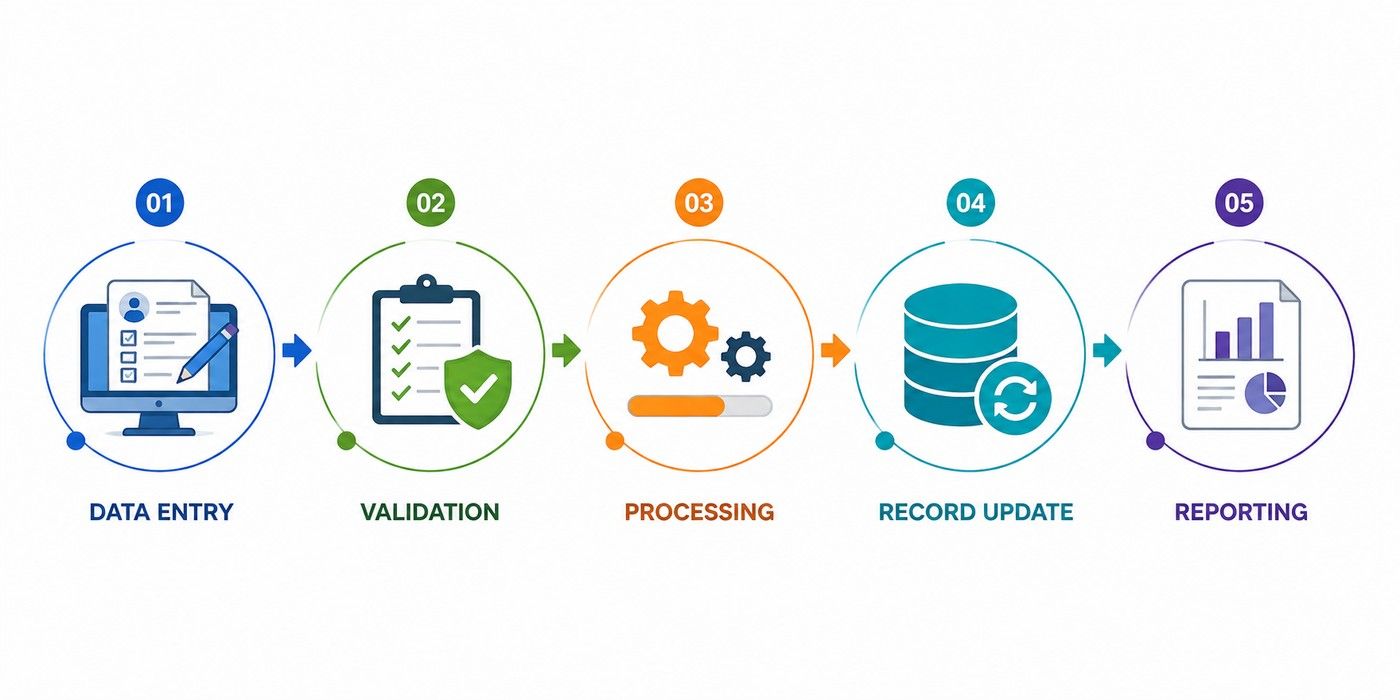 AIMS workflow showing five stages: Data Entry, Validation, Processing, Record Update and Reporting. AIMS workflow showing five stages: Data Entry, Validation, Processing, Record Update and Reporting.