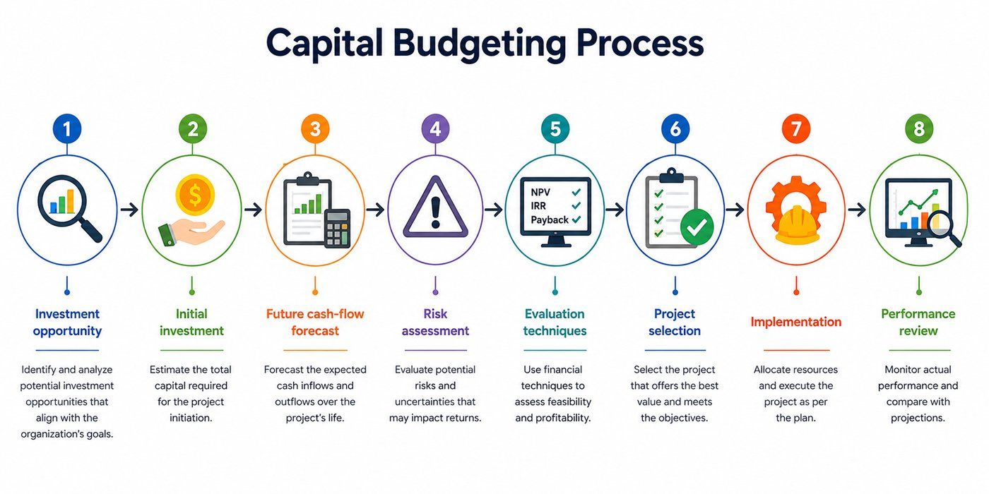 Capital budgeting process infographic showing eight steps: investment opportunity, initial investment, future cash-flow forecast, risk assessment, evaluation techniques, project selection, implementation, and performance review. Capital budgeting process infographic showing eight steps: investment opportunity, initial investment, future cash-flow forecast, risk assessment, evaluation techniques, project selection, implementation, and performance review.