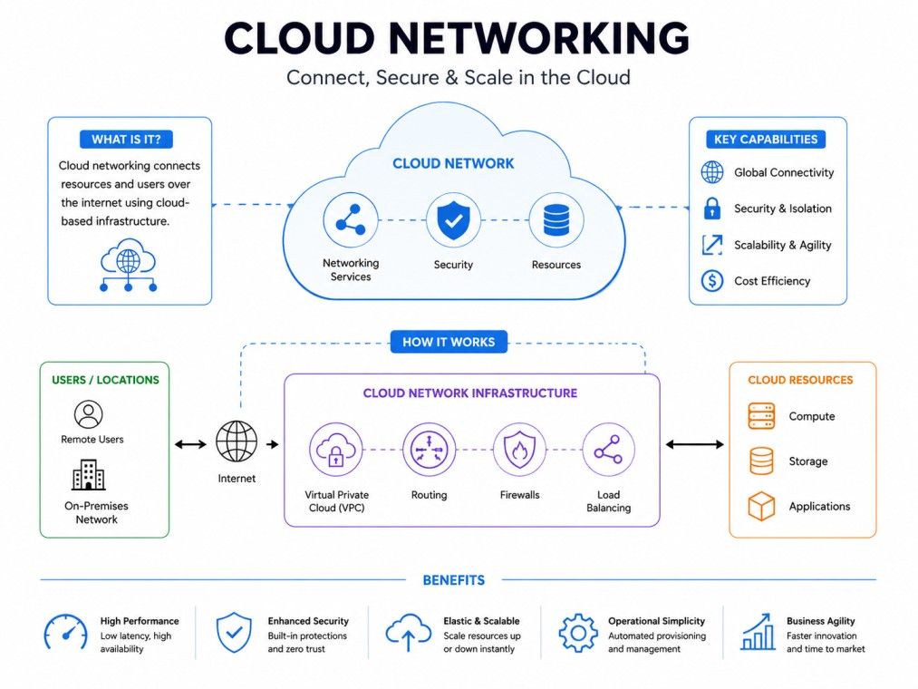 A clean, white-background infographic titled "Cloud Networking – Connect, Secure & Scale in the Cloud." At the center is a large cloud labeled Cloud Network with icons for networking services, security, and resources.