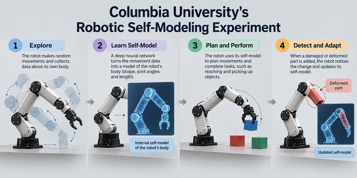 Infographic showing Columbia University's robotic self-modeling experiment, where a robotic arm explores its movements, builds a self-model, performs tasks, and adapts to a deformed part. 