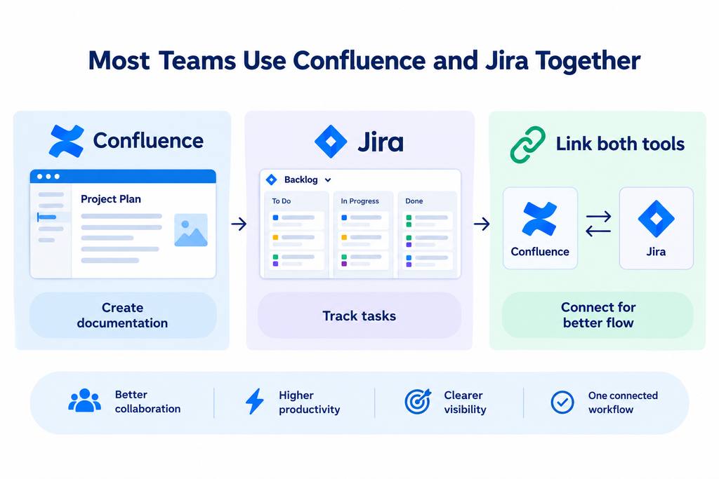 Infographic showing how Confluence and Jira work together for documentation, task tracking, collaboration, productivity, and workflow visibility.