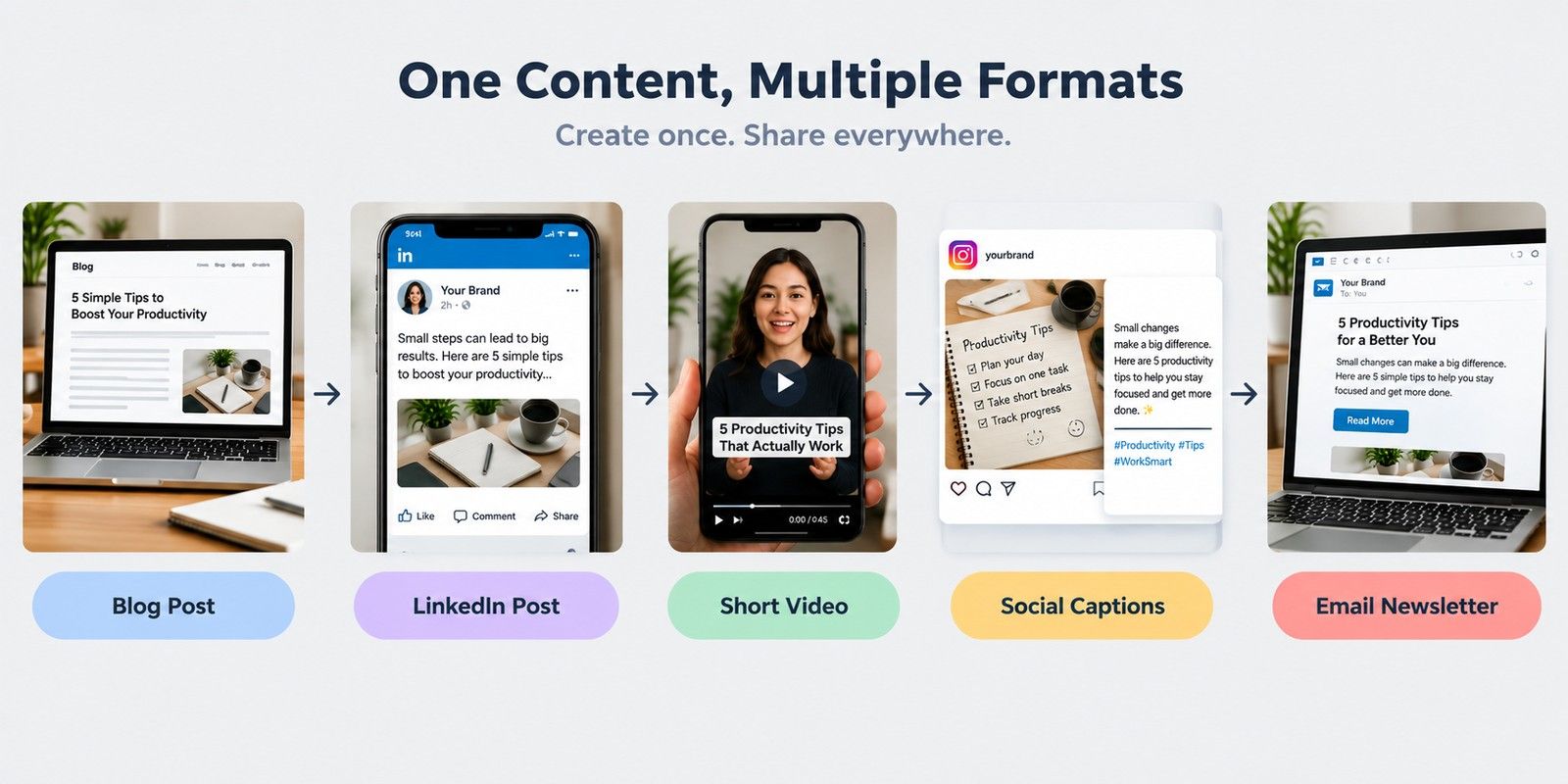 Content repurposing workflow showing a blog post transformed into a LinkedIn post, short video, social captions, and email newsletter.