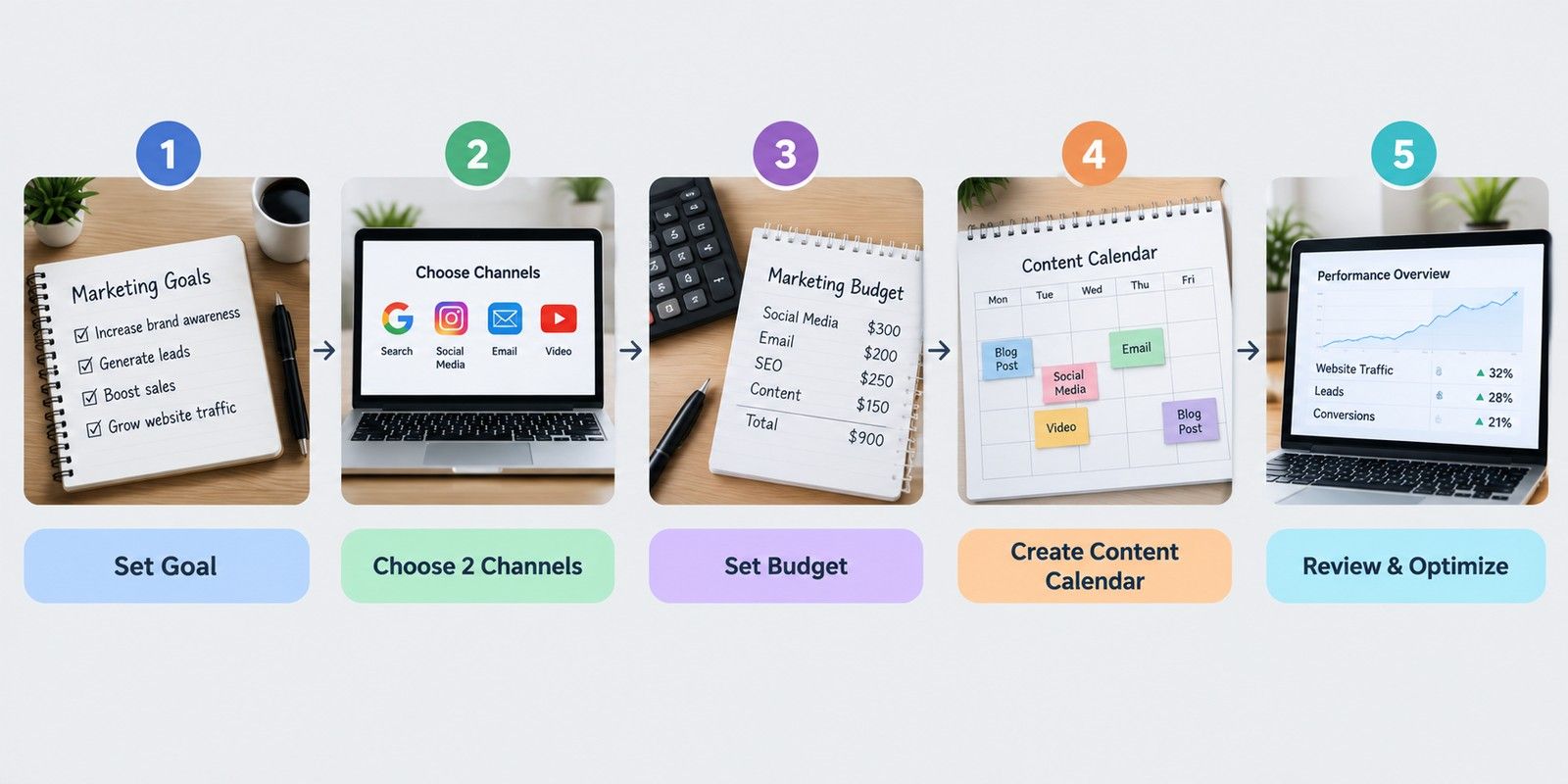 Five-step cost-effective digital marketing plan showing set goal, choose two channels, set budget, create content calendar, and review and optimize.