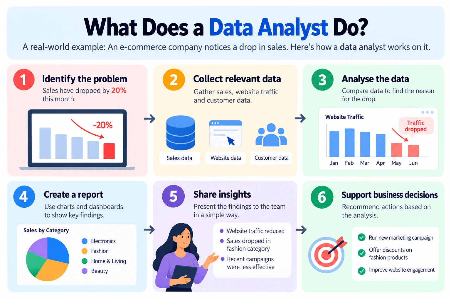 Image showing real world example of what a data analyst does. Image showing real world example of what a data analyst does.