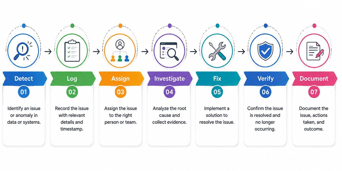 Data issue resolution workflow showing seven steps: Detect, Log, Assign, Investigate, Fix, Verify, and Document. Data issue resolution workflow showing seven steps: Detect, Log, Assign, Investigate, Fix, Verify, and Document.