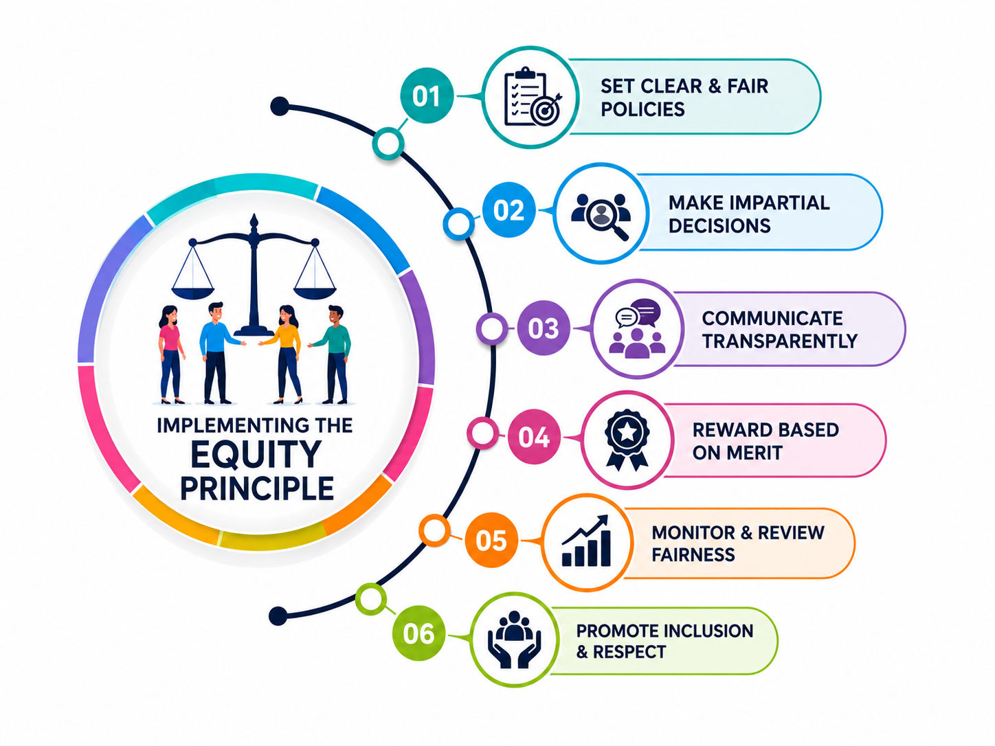 Infographic showing the steps to implement the equity principle in workplace management. Infographic showing the steps to implement the equity principle in workplace management.
