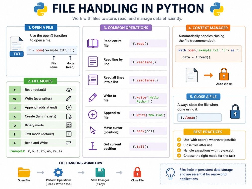 Infographic titled "File Handling in Python" on a white background with a clean, modern layout. At the top, a flow diagram illustrates the file handling process: File → Open → Read/Write → Close → Done using colorful icons. Infographic titled "File Handling in Python" on a white background with a clean, modern layout. At the top, a flow diagram illustrates the file handling process: File → Open → Read/Write → Close → Done using colorful icons.