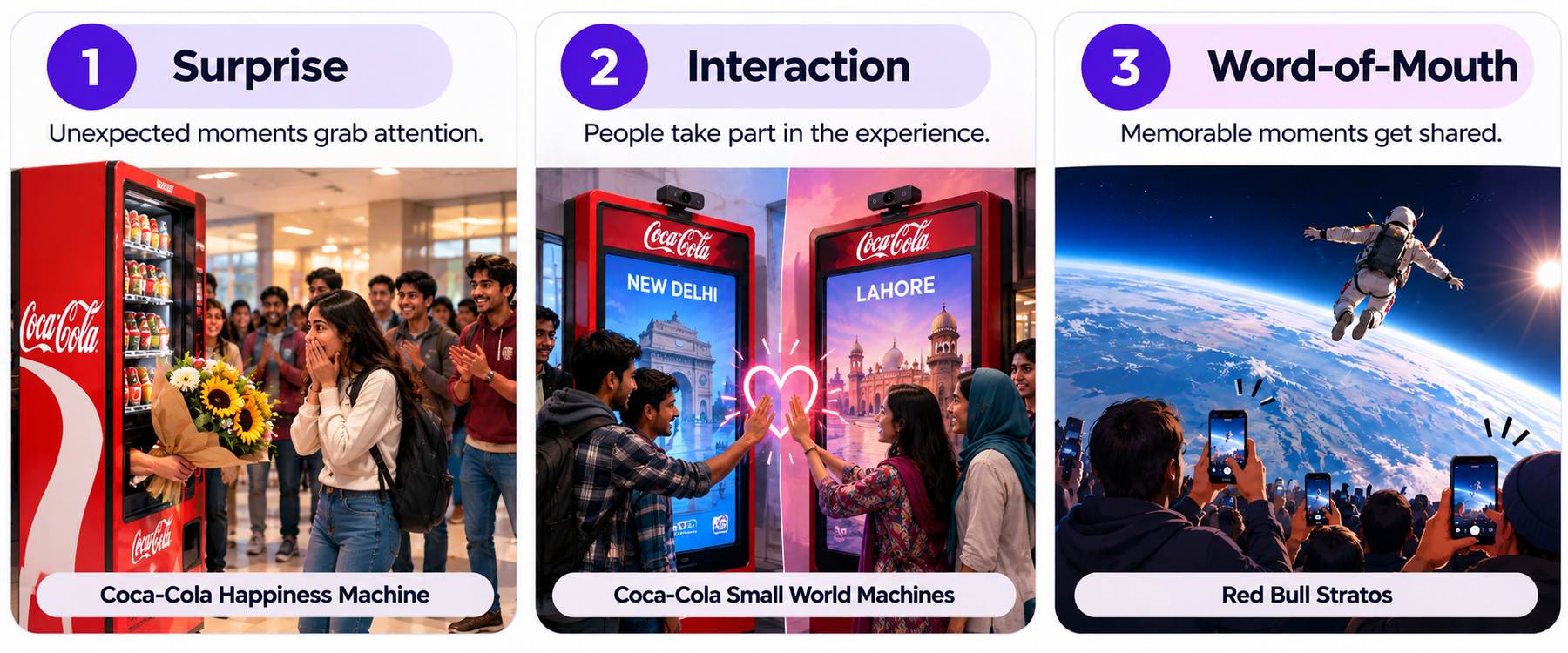 Guerrilla marketing characteristics infographic showing Surprise with Coca-Cola Happiness Machine, Interaction with Coca-Cola Small World Machines in New Delhi and Lahore, and Word-of-Mouth with Red Bull Stratos. Guerrilla marketing characteristics infographic showing Surprise with Coca-Cola Happiness Machine, Interaction with Coca-Cola Small World Machines in New Delhi and Lahore, and Word-of-Mouth with Red Bull Stratos.
