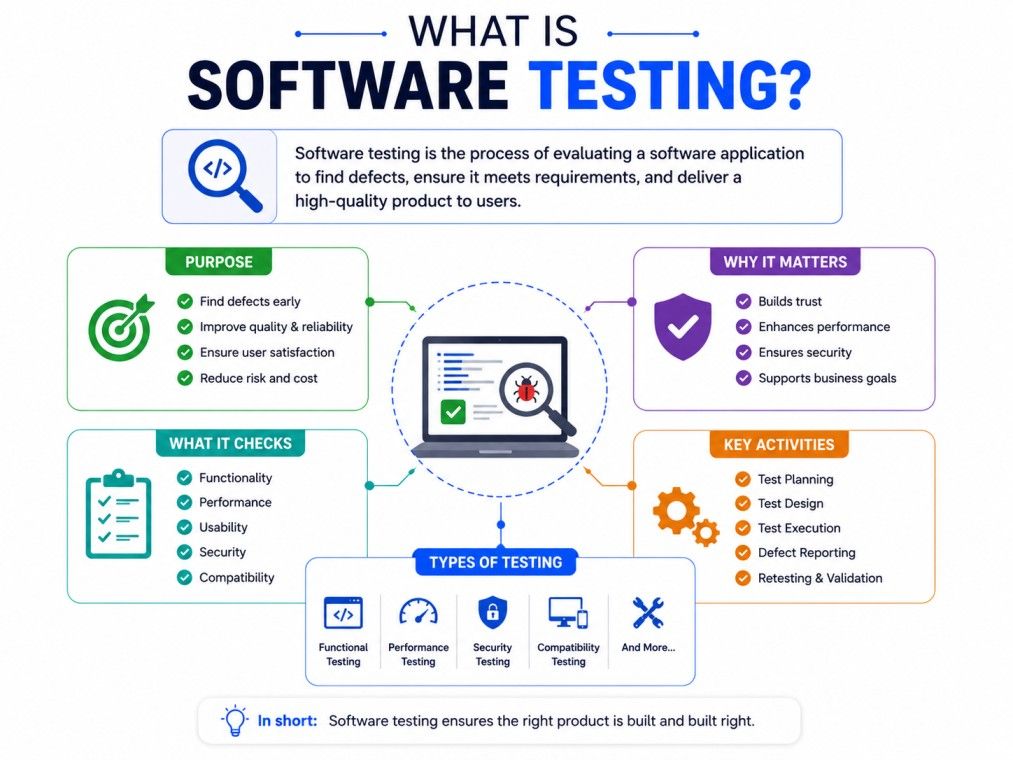 Software testing workflow showing requirements and code as inputs, quality software and defect detection as outputs, and benefits like quality, security, performance, user satisfaction, and cost reduction.