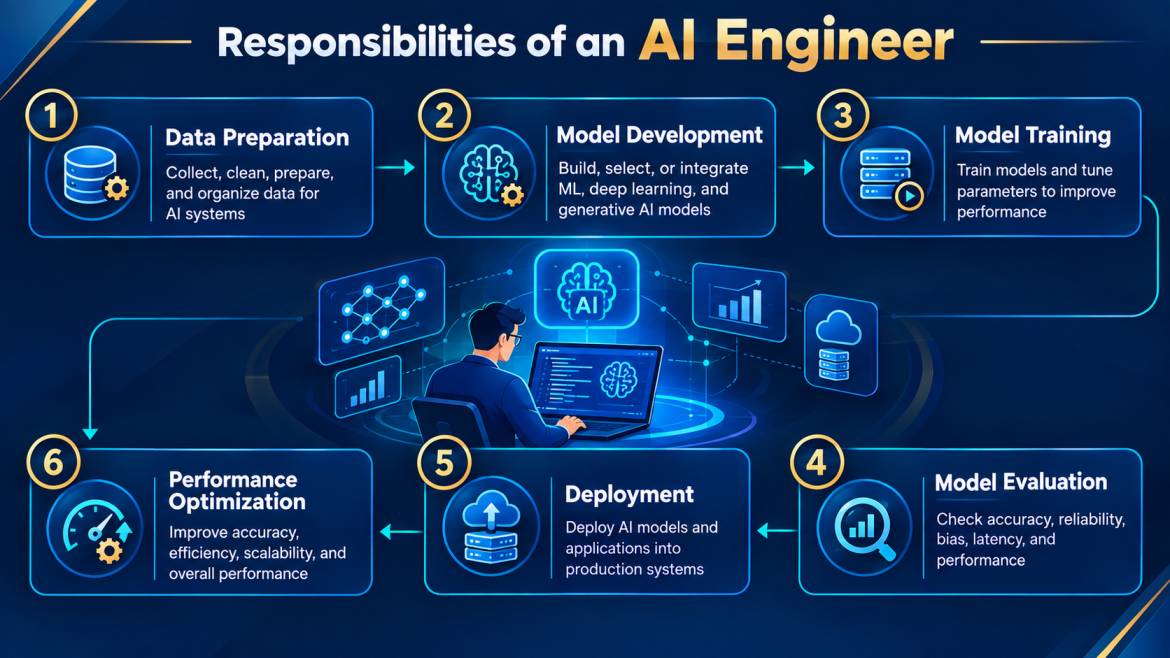 Six key responsibilities of an AI Engineer includes data preparation, model development, model training, model evaluation, deployment, and performance optimization. Six key responsibilities of an AI Engineer includes data preparation, model development, model training, model evaluation, deployment, and performance optimization.