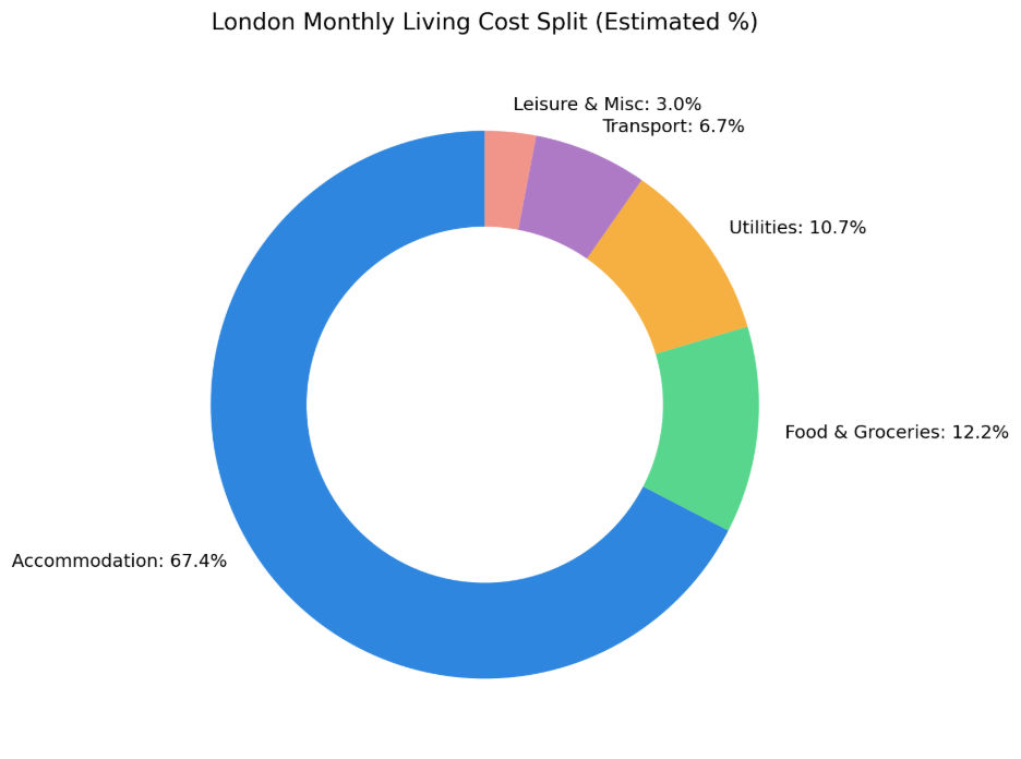 Donut chart showing London monthly living cost split: Accommodation 67.4%, Food & Groceries 12.2%, Utilities 10.7%, Transport 6.7%, Leisure & Misc 3.0%. 
