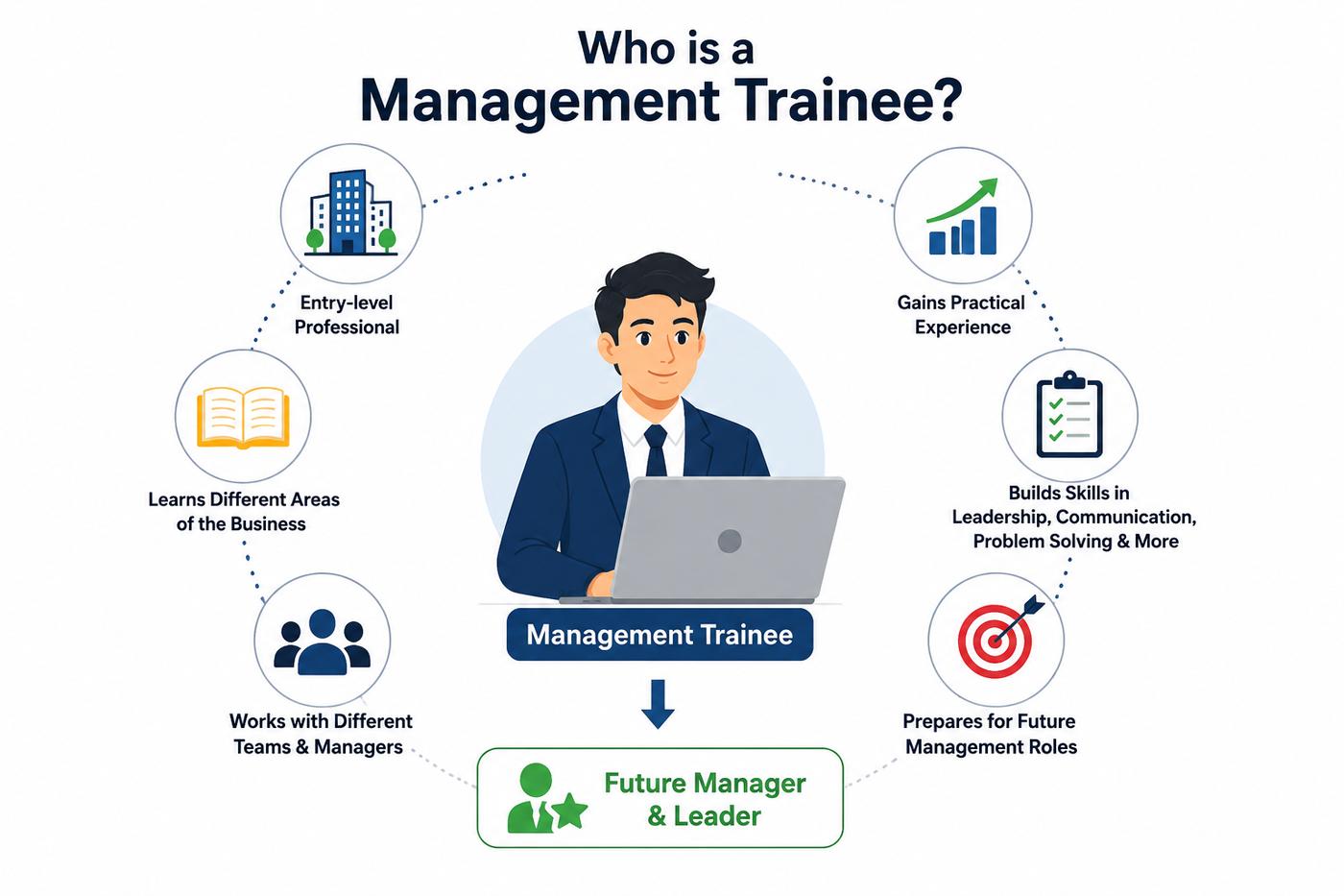 Management trainee learning different business areas, working with teams and managers, gaining practical experience, and preparing for future management roles.