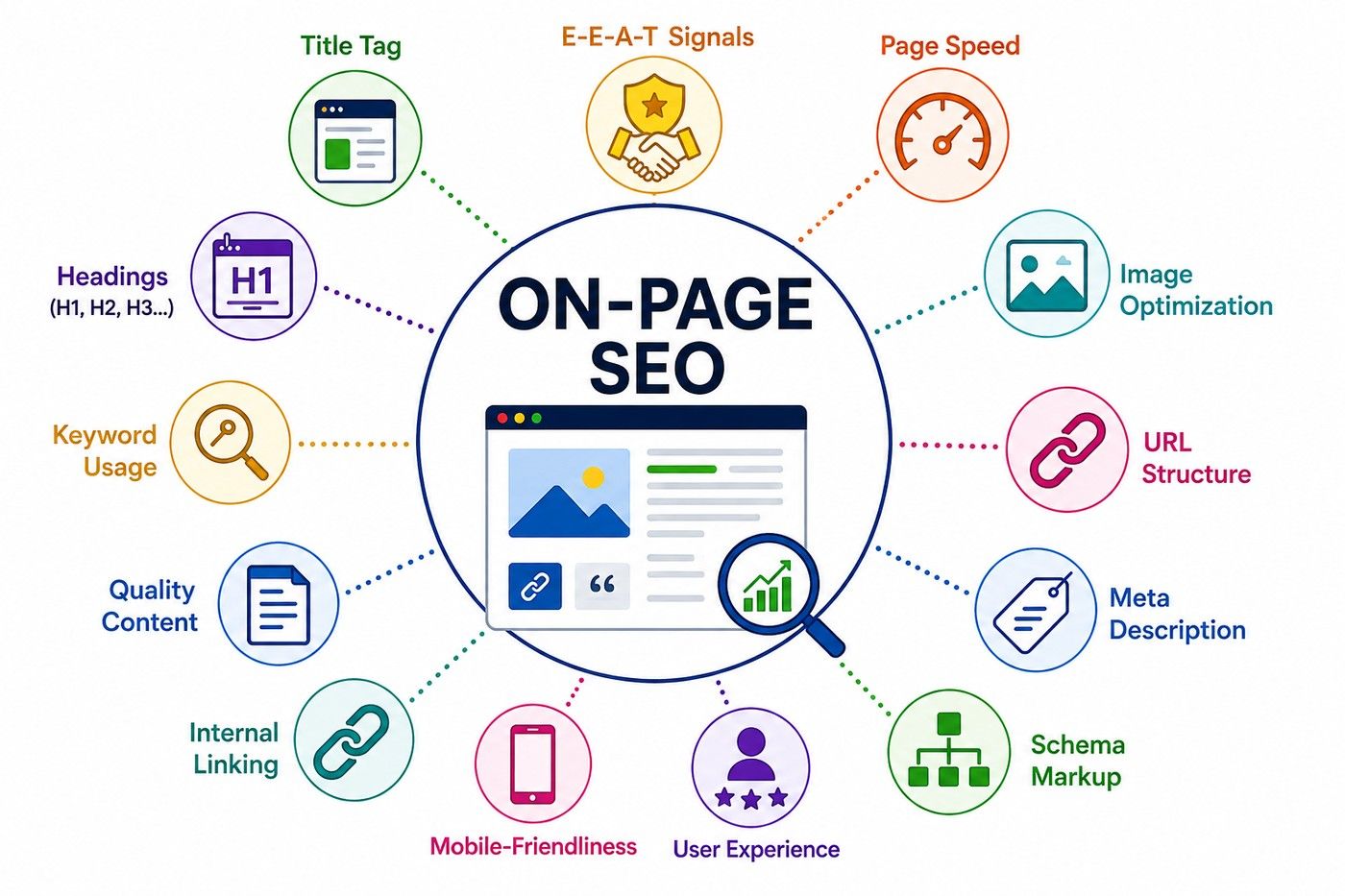On-page SEO diagram showing key elements including title tag, headings, keyword usage, quality content, internal linking, mobile-friendliness, E-E-A-T, page speed, image optimization, URL structure, meta description, schema markup, and user experience. On-page SEO diagram showing key elements including title tag, headings, keyword usage, quality content, internal linking, mobile-friendliness, E-E-A-T, page speed, image optimization, URL structure, meta description, schema markup, and user experience.