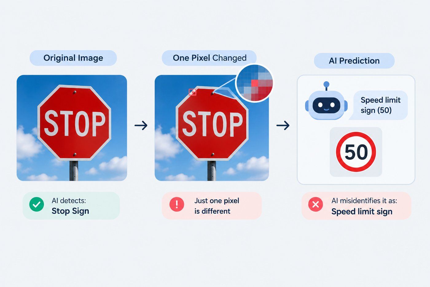 One changed pixel causes AI to misidentify a stop sign as a speed limit sign.